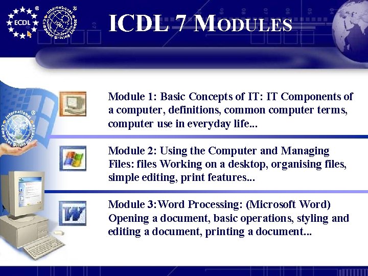 ICDL 7 MODULES Module 1: Basic Concepts of IT: IT Components of a computer,