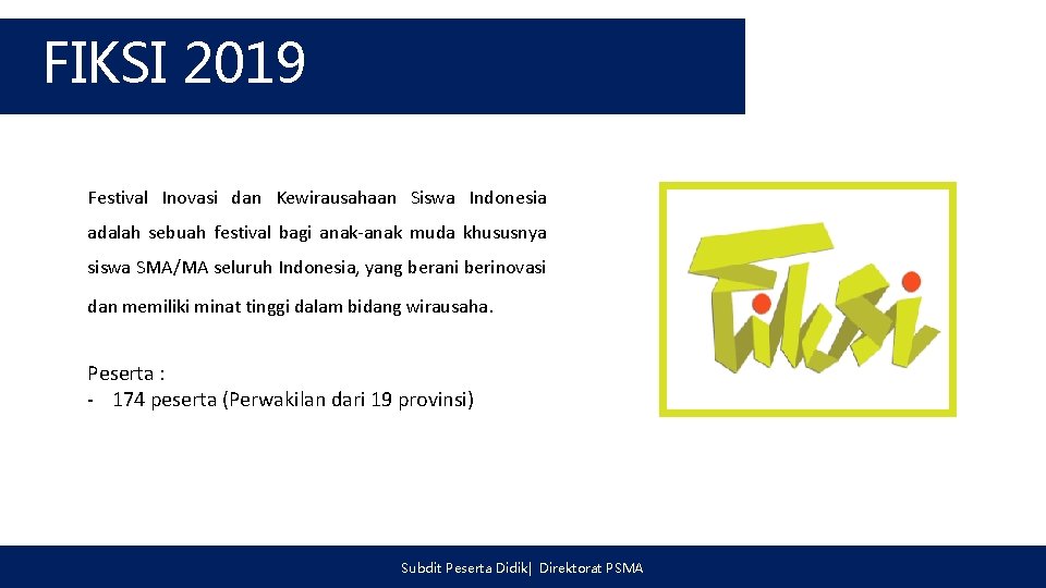 FIKSI 2019 Festival Inovasi dan Kewirausahaan Siswa Indonesia adalah sebuah festival bagi anak-anak muda