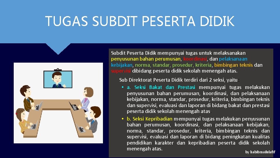 TUGAS SUBDIT PESERTA DIDIK Subdit Peserta Didik mempunyai tugas untuk melaksanakan penyusunan bahan perumusan,