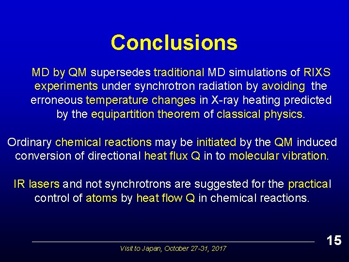 Conclusions MD by QM supersedes traditional MD simulations of RIXS experiments under synchrotron radiation