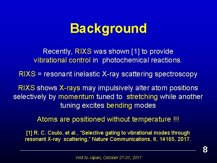 Background Recently, RIXS was shown [1] to provide vibrational control in photochemical reactions. RIXS