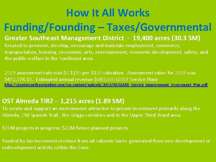 How It All Works Funding/Founding – Taxes/Governmental Greater Southeast Management District - 19, 400