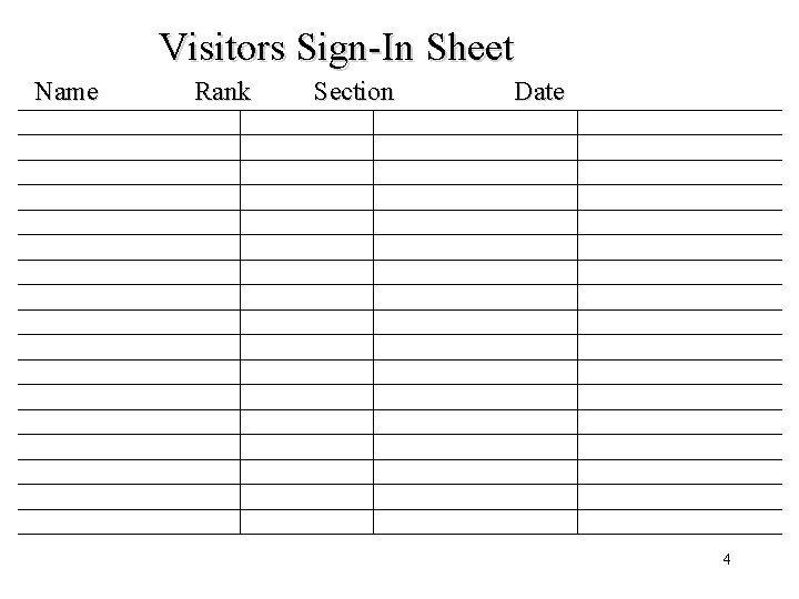 Visitors Sign-In Sheet Name Rank Section Date 4 