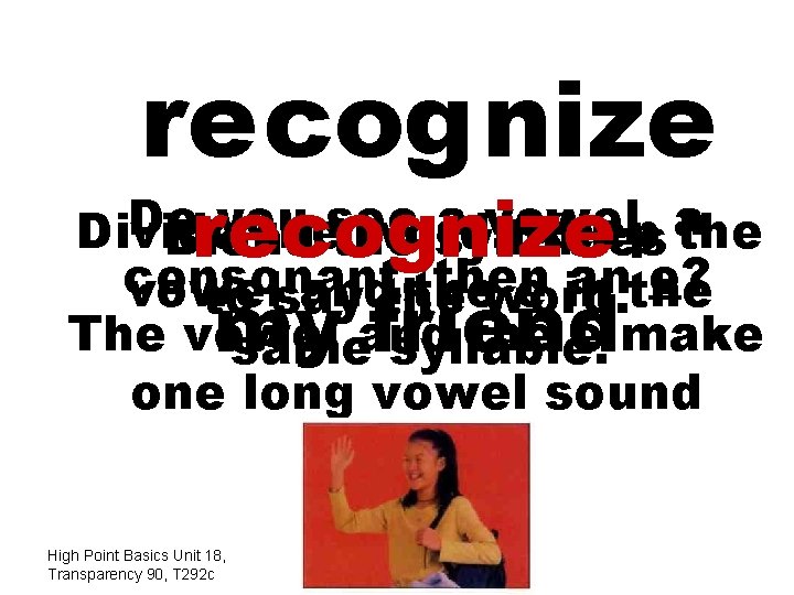 re cog nize recognize my friend Do you see a vowel, a Divide the