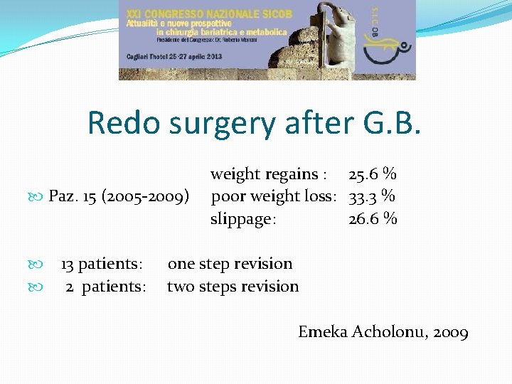 Redo surgery after G. B. weight regains : 25. 6 % Paz. 15 (2005