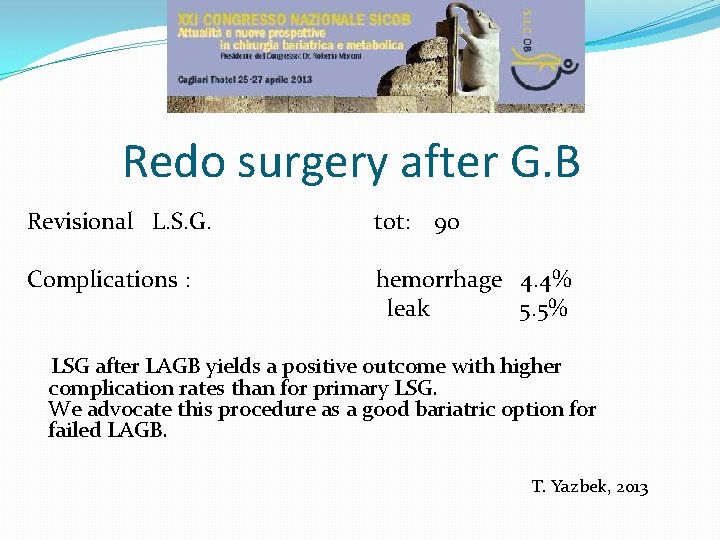Redo surgery after G. B Revisional L. S. G. tot: 90 Complications : hemorrhage