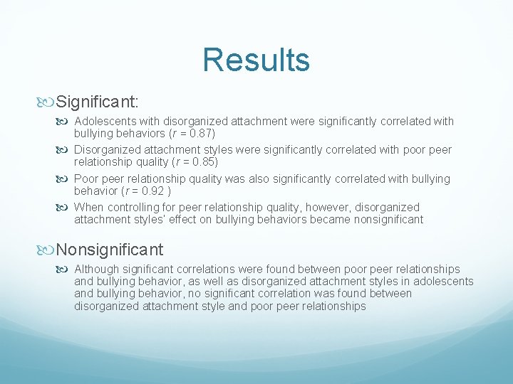 Results Significant: Adolescents with disorganized attachment were significantly correlated with bullying behaviors (r =