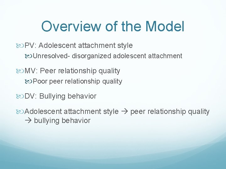 Overview of the Model PV: Adolescent attachment style Unresolved- disorganized adolescent attachment MV: Peer