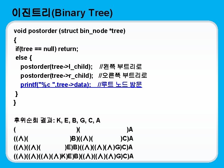 이진트리(Binary Tree) void postorder (struct bin_node *tree) { if(tree == null) return; else {