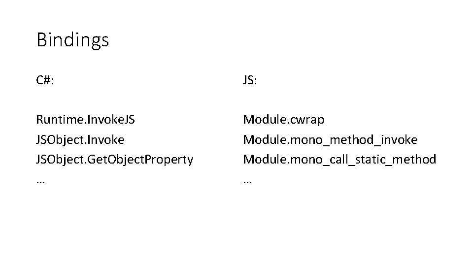 Bindings C#: JS: Runtime. Invoke. JS JSObject. Invoke JSObject. Get. Object. Property … Module.