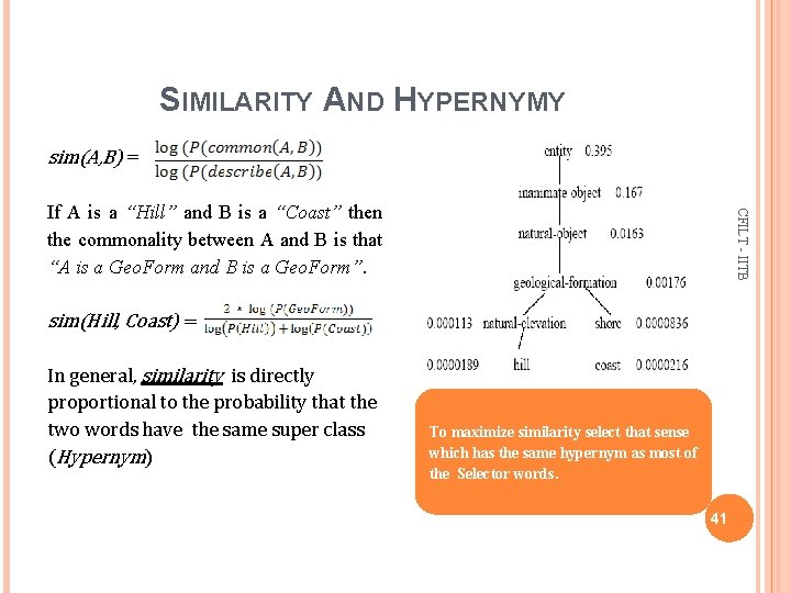 SIMILARITY AND HYPERNYMY sim(A, B) = CFILT - IITB If A is a “Hill”
