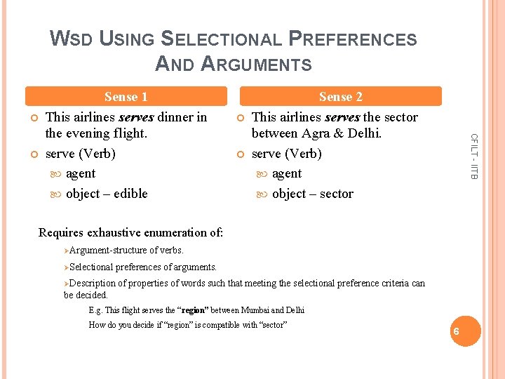 WSD USING SELECTIONAL PREFERENCES AND ARGUMENTS Sense 2 This airlines serves the sector between