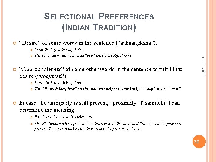 SELECTIONAL PREFERENCES (INDIAN TRADITION) “Desire” of some words in the sentence (“aakaangksha”). “Appropriateness” of