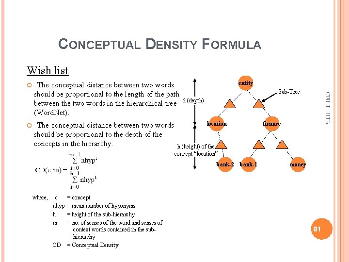 CONCEPTUAL DENSITY FORMULA Wish list The conceptual distance between two words should be proportional