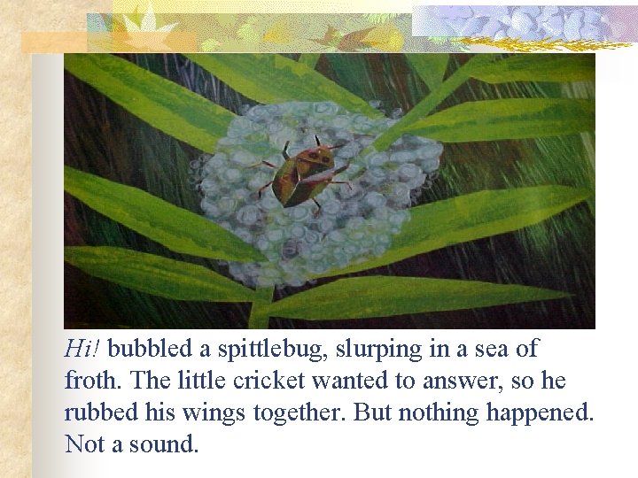 Hi! bubbled a spittlebug, slurping in a sea of froth. The little cricket wanted