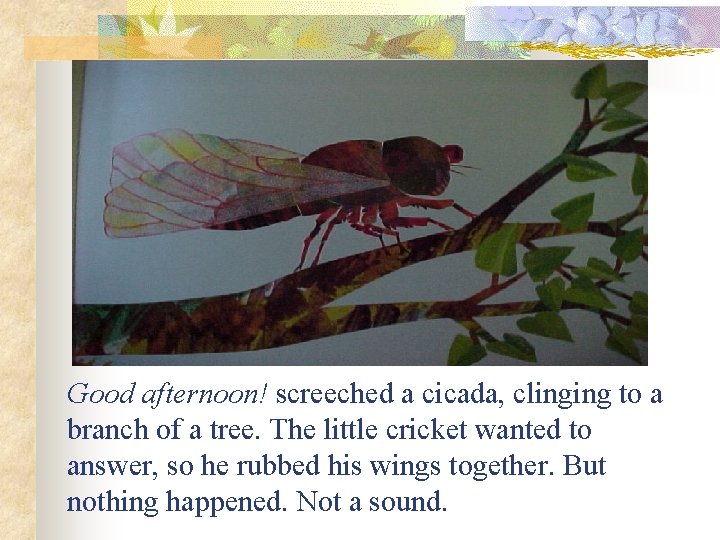 Good afternoon! screeched a cicada, clinging to a branch of a tree. The little