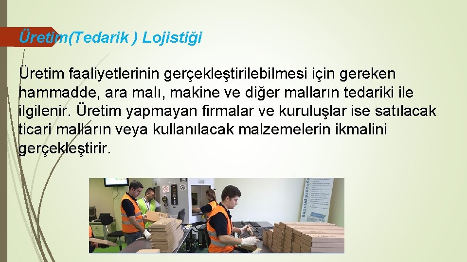 Üretim(Tedarik ) Lojistiği Üretim faaliyetlerinin gerçekleştirilebilmesi için gereken hammadde, ara malı, makine ve diğer