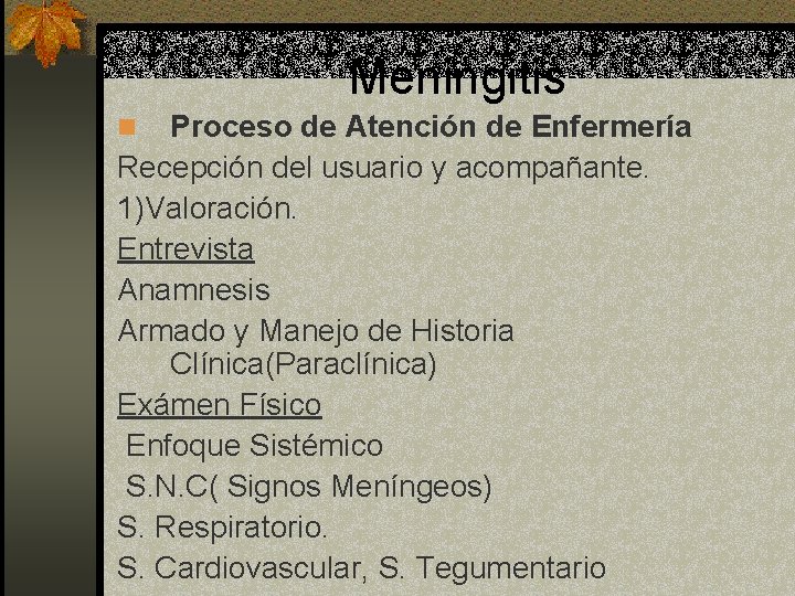 Meningitis Proceso de Atención de Enfermería Recepción del usuario y acompañante. 1)Valoración. Entrevista Anamnesis