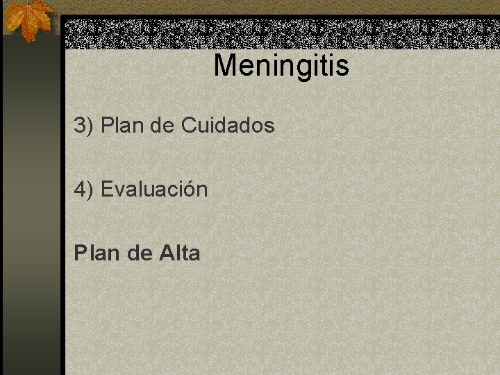 Meningitis 3) Plan de Cuidados 4) Evaluación Plan de Alta 