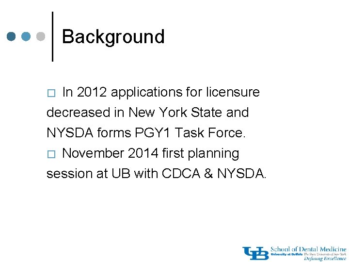 Background � In 2012 applications for licensure decreased in New York State and NYSDA
