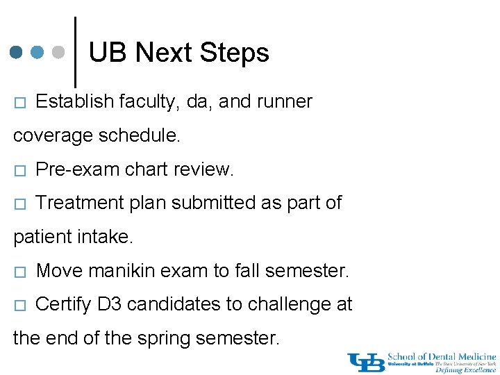 UB Next Steps � Establish faculty, da, and runner coverage schedule. � Pre-exam chart