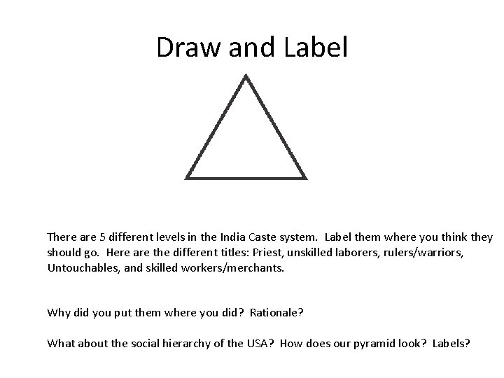 Draw and Label There are 5 different levels in the India Caste system. Label