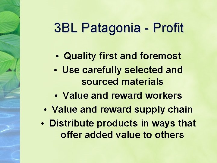 3 BL Patagonia - Profit • Quality first and foremost • Use carefully selected