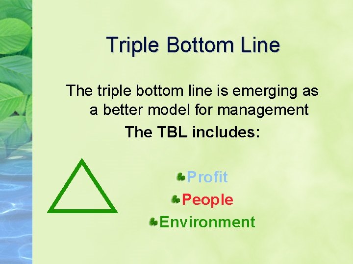 Triple Bottom Line The triple bottom line is emerging as a better model for