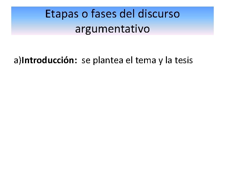 Etapas o fases del discurso argumentativo a)Introducción: se plantea el tema y la tesis