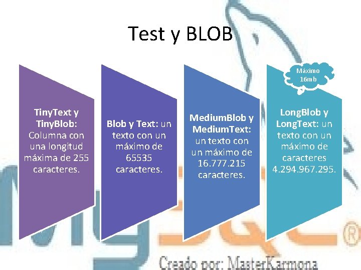 Test y BLOB Máximo 16 mb Tiny. Text y Tiny. Blob: Columna con una