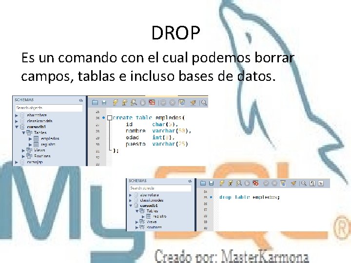 DROP Es un comando con el cual podemos borrar campos, tablas e incluso bases