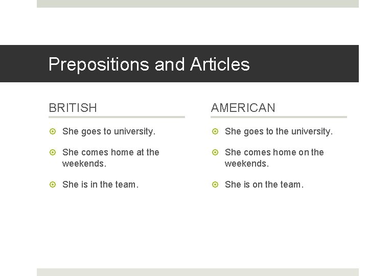 Prepositions and Articles BRITISH AMERICAN She goes to university. She goes to the university.