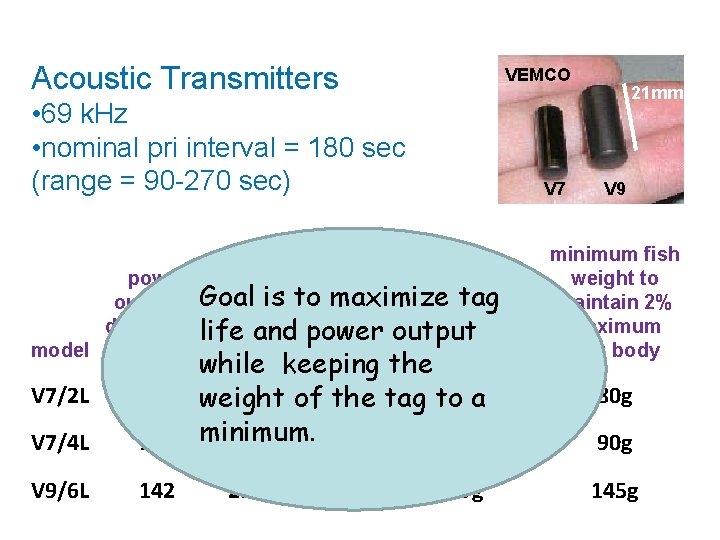 Acoustic Transmitters VEMCO • 69 k. Hz • nominal pri interval = 180 sec