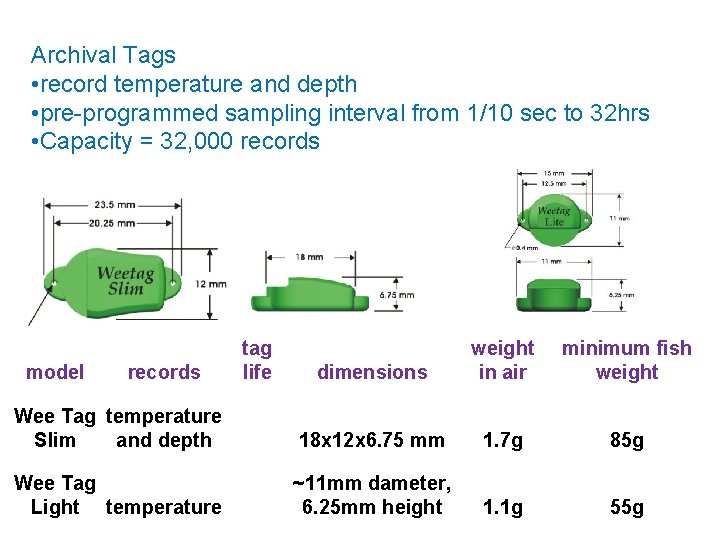 Archival Tags • record temperature and depth • pre-programmed sampling interval from 1/10 sec