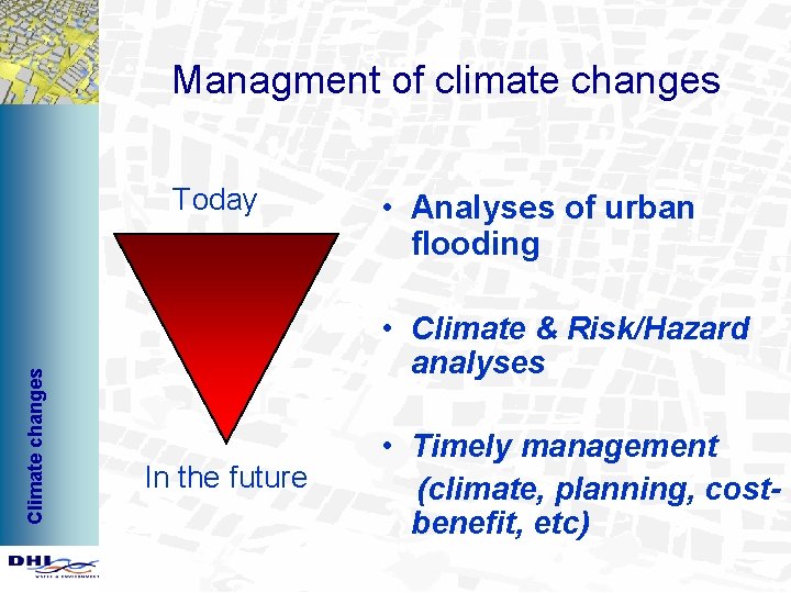 Summary Managment of climate changes Climate changes Today • Analyses of urban flooding •