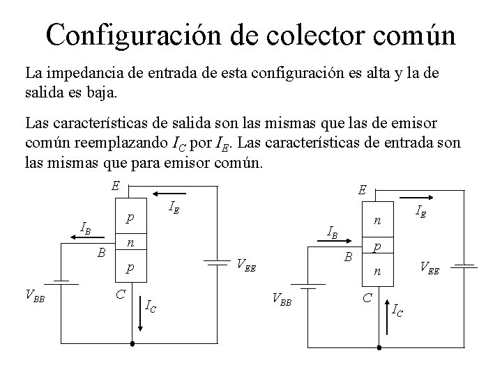 Configuración de colector común La impedancia de entrada de esta configuración es alta y