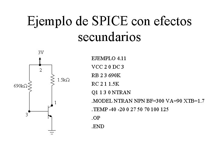 Ejemplo de SPICE con efectos secundarios 3 V EJEMPLO 4. 11 VCC 2 0