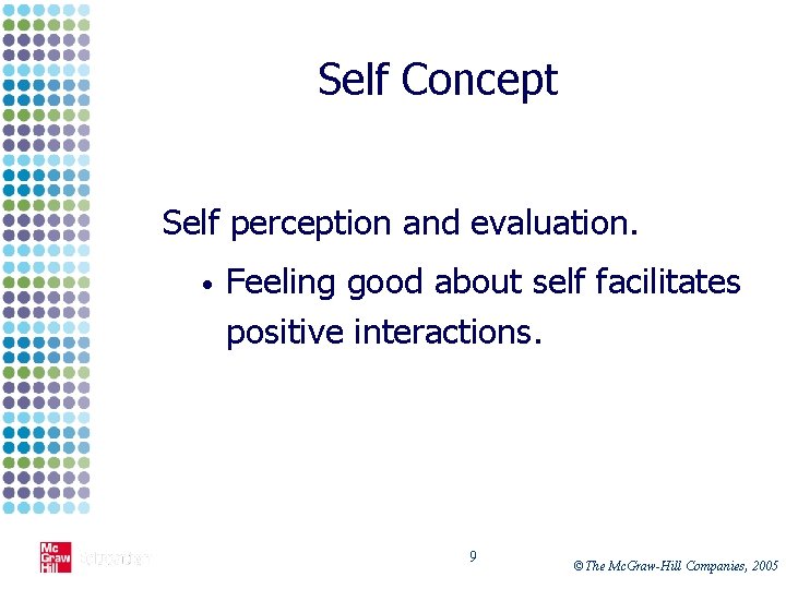Self Concept Self perception and evaluation. • Feeling good about self facilitates positive interactions.