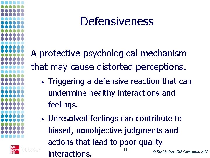 Defensiveness A protective psychological mechanism that may cause distorted perceptions. • Triggering a defensive