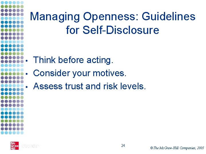 Managing Openness: Guidelines for Self-Disclosure • • • Think before acting. Consider your motives.