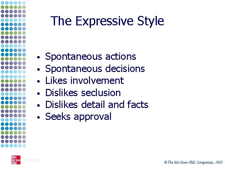 The Expressive Style • • • Spontaneous actions Spontaneous decisions Likes involvement Dislikes seclusion