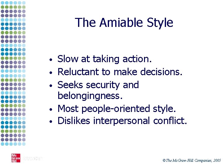 The Amiable Style • • • Slow at taking action. Reluctant to make decisions.