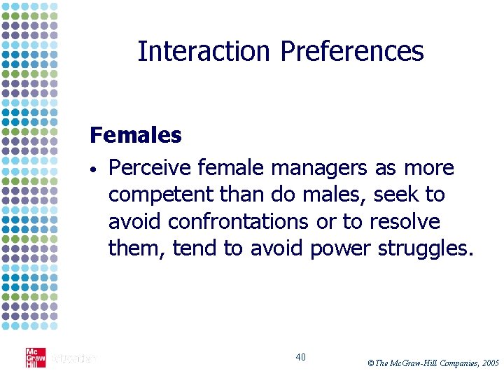 Interaction Preferences Females • Perceive female managers as more competent than do males, seek