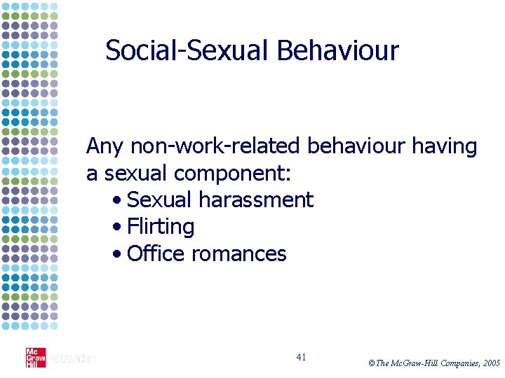 Social-Sexual Behaviour Any non-work-related behaviour having a sexual component: • Sexual harassment • Flirting