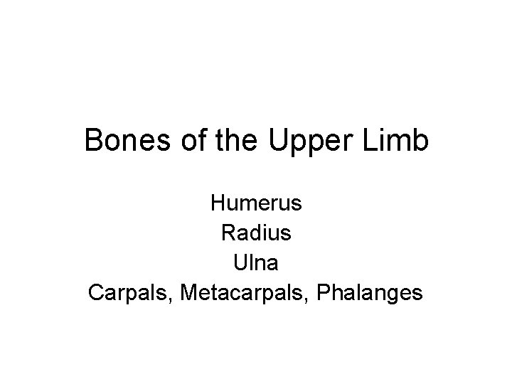 Bones of the Upper Limb Humerus Radius Ulna Carpals, Metacarpals, Phalanges 