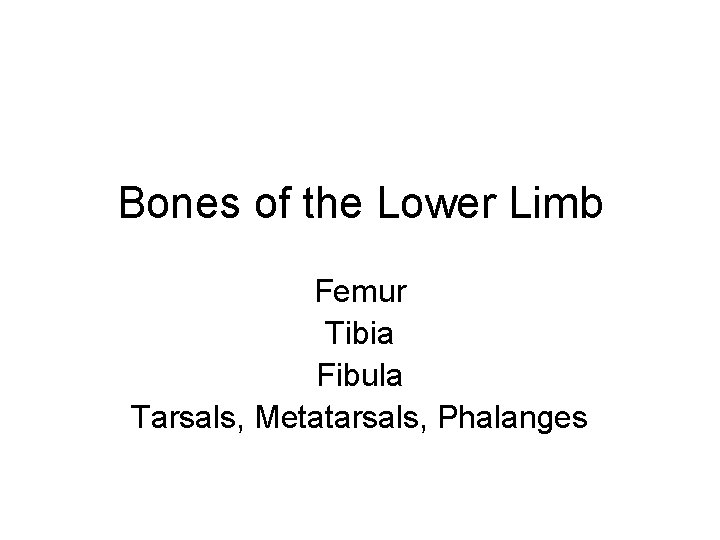 Bones of the Lower Limb Femur Tibia Fibula Tarsals, Metatarsals, Phalanges 