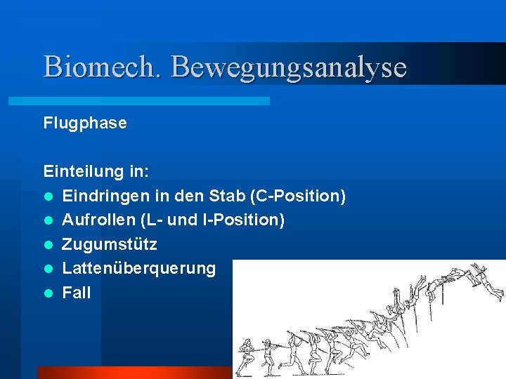 Biomech. Bewegungsanalyse Flugphase Einteilung in: l Eindringen in den Stab (C-Position) l Aufrollen (L-