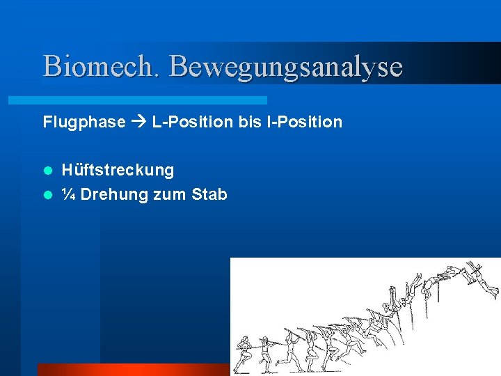 Biomech. Bewegungsanalyse Flugphase L-Position bis I-Position Hüftstreckung l ¼ Drehung zum Stab l 