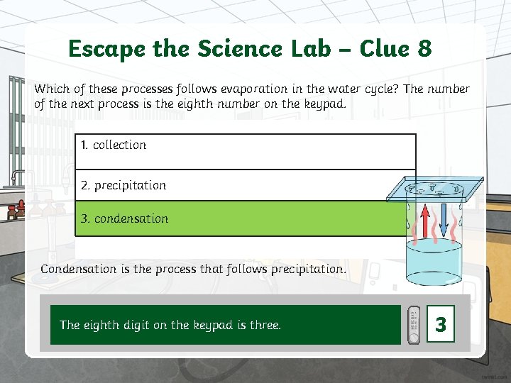 Escape the Science Lab – Clue 8 Which of these processes follows evaporation in