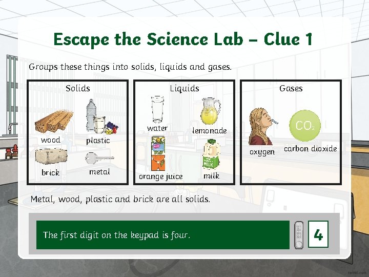 Escape the Science Lab – Clue 1 Groups these things into solids, liquids and